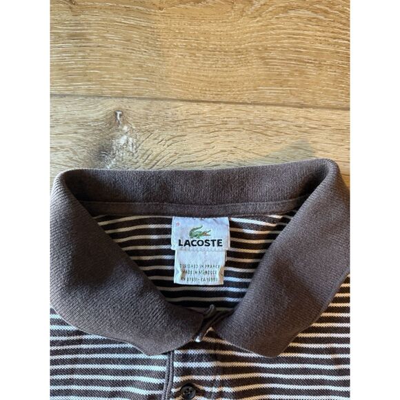 Lacoste Vintage Mens Brown Short Sleeve Striped Polo Shirt Size 9 - Picture 3 of 3